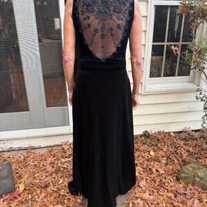 Black Velvet Gown Dress w/ Mesh Panel Back, Floral Applique, Ruched Beading